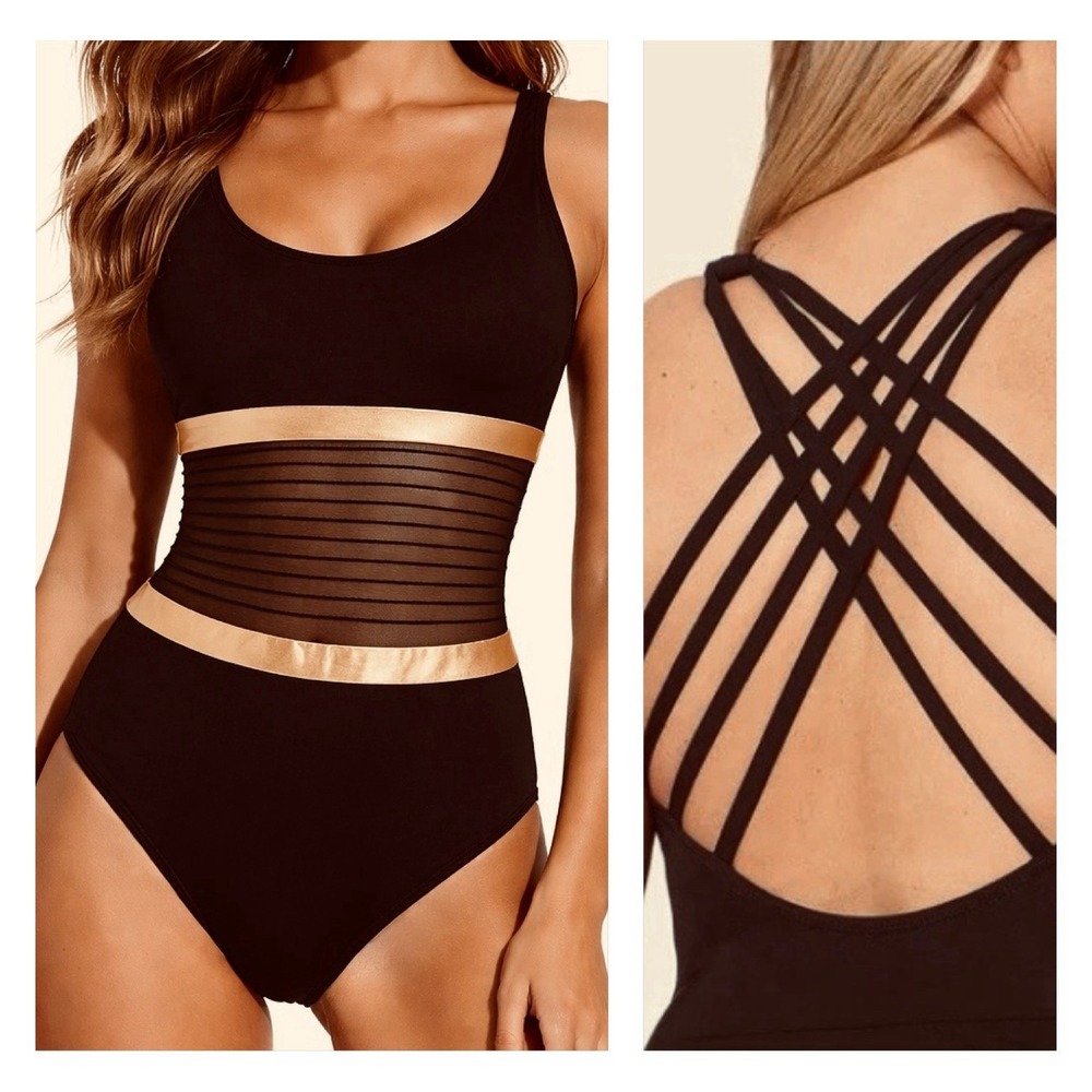 Bleu Rod Beattie Womens Don't‎ Mesh With Me Black Rose Gold 1-Piece Swimsuit 6